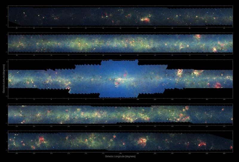 A very long image of the Milky Way has been cut into five pieces showing the plane of the galaxy from one end to the other