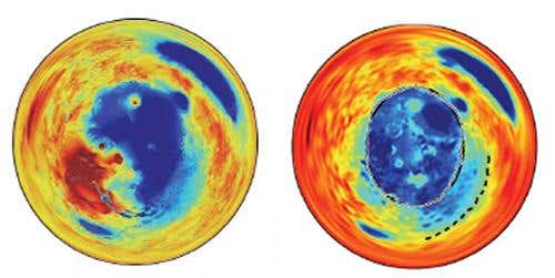 A suspected crater in the planet's northern hemisphere forms a kidney shape (blue region at left), but when researchers studied the variations in the strength of gravity above the region, they found the crater was actually a near-perfect ellipse (right) that had been partially covered over by lava (Illustration: J Andrews-Hanna et al/Nature)
