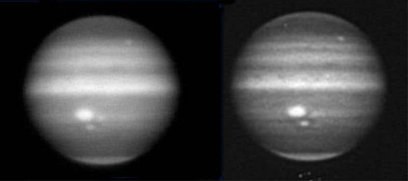 Three spots are still seen clustered near each other on 7 July (left), but only two, the Great Red Spot and Red Spot Jr, are seen clearly on 10 July (right) in these images taken at the wavelength of methane, which exists at high altitudes in Jupiter's atmosphere (Image copyright: Christopher Go)