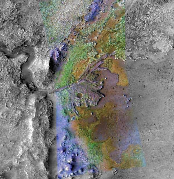 Ancient rivers carried clays (green) into a lake that once filled Jezero crater on Mars 