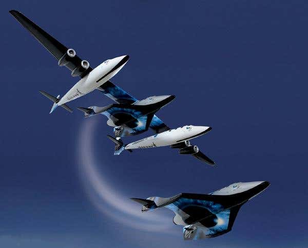 SpaceShipTwo will drop away from WhiteKnightTwo at an altitude of about 15 km before firing a rocket to bring it to the edge of space at 100 km (Illustration: Virgin Galactic)