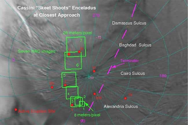This map shows the seven locations that Cassini tried to photograph on 11 August (green boxes). Known vents for the geysers are shown as red dots (Illustration: NASA /JPL/Space Science Institute)