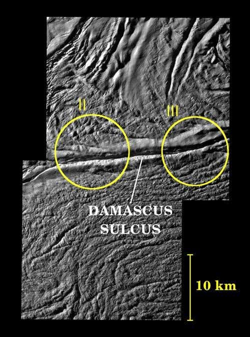 A mosaic of two images shows two geyser vents (II and III) in a tiger stripe fissure called Damascus Sulcus 