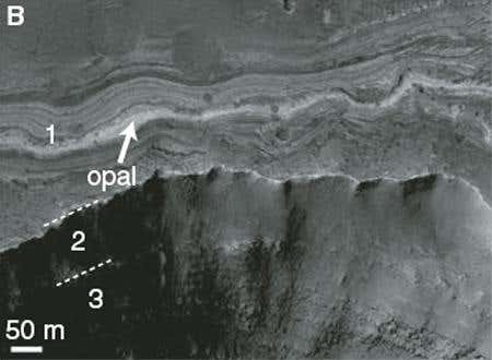 The spectral signature of opal was found in the Vallis Marineris canyon system using the high-resolution CRISM spectrometer aboard NASA's MRO spacecraft. Since the mineral appears in narrow outcrops, previous spectrometers did not have the resolving power needed to find the mineral's signature