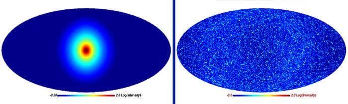 In the new simulation, the signal-to-noise ratio of dark matter from the Milky Way's halo (left) was much larger than that from smaller clumps of dark matter (right) (Illustration: Virgo Consortium)