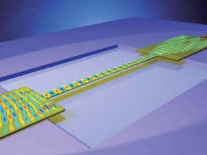 A schematic illustration of a free-standing waveguide that resonates when a beam of light is passed through it 