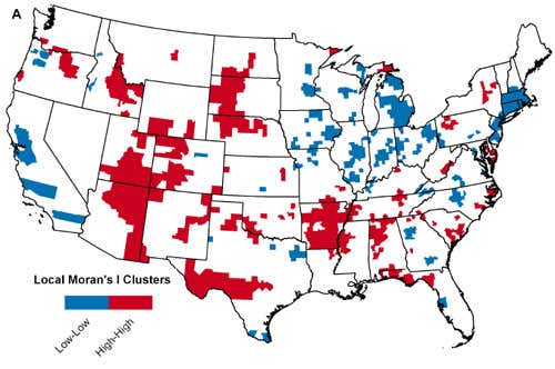 Standardised mortality ratios at county level, revealed by software designed to pick out areas of elevated mortality 