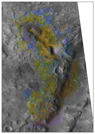 Small channels in a section of Mars's Nili Fossae region were probably carved by liquid water early in the planet's history. The mineral olivine (yellow) and clays (blue) appear beneath mesas of an overlying rock (purple) in this false-colour image. Carbonates (green) also appear in exposed outcrops of rock that each cover less than 10 square kilometres
