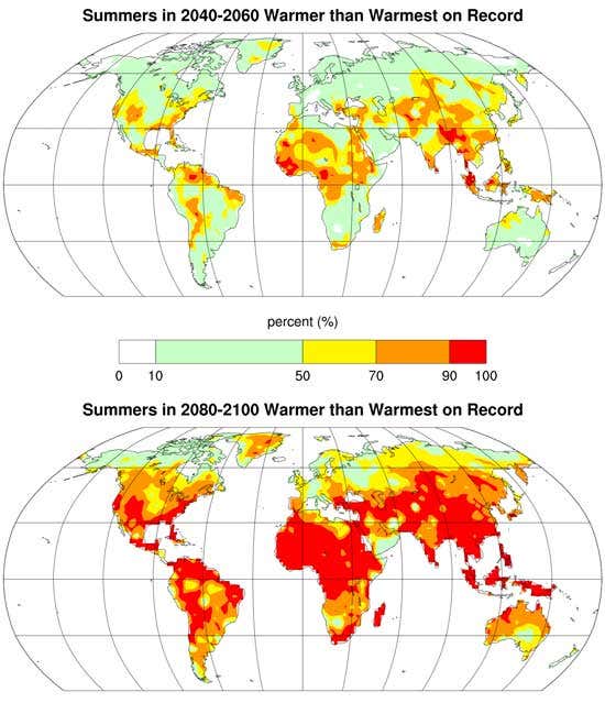 These maps show the likelihood that future average summer temperatures will be higher than the highest on record for 1900 to 2006