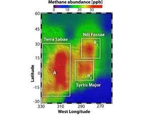 Three regions near the Martian equator seem to have pumped out methane plumes detected in 2003 (Illustration: AAAS/Science)