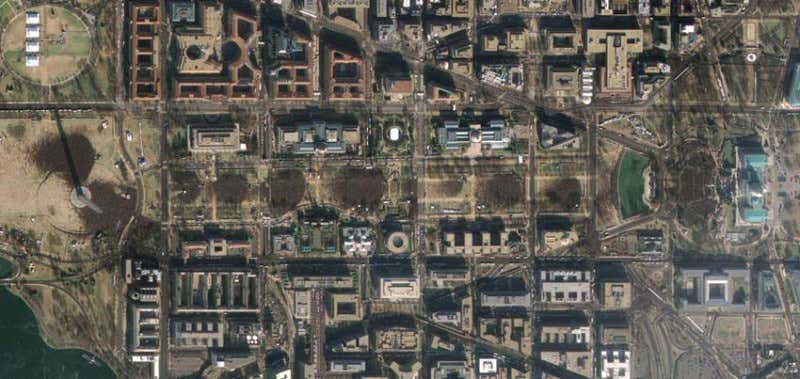 This image, which is the sharpest colour satellite image taken of Barack Obama's inauguration on Tuesday, shows ant-like crowds gathered on the National Mall in Washington, DC, at 1119 EST. The image was taken from an altitude of 680 km by the four-month-old GeoEye-1, the highest-resolution commercial Earth-imaging satellite in the world. GeoEye-1 can resolve objects as small as 0.41 metres across, but US licensing restrictions mean that its images are purposely blurred slightly, to a resolution of 0.5 m, before they are made public.