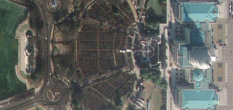 Satellite images such as these are used to estimate the number of attendees at marches and events. Researchers use a fairly simple method - estimating the density of the crowd and multiplying that by the surface area - to arrive at an estimate.