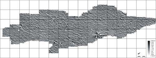 A magnetogram of the previous geoglyph complex (PP01-36). Darker shades indicate a stronger magnetic anomaly