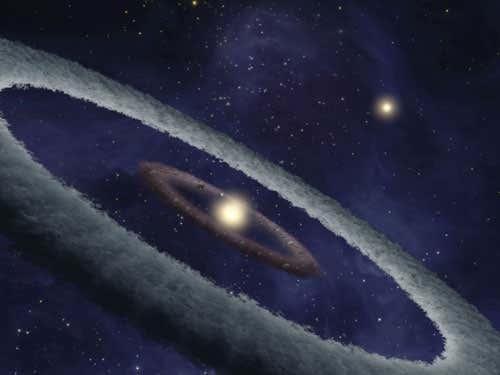 This artist's conception shows a binary star system, HD 113766, where astronomers suspect a rocky Earth-like planet is forming around one of the stars. The two yellow spots in the image are the system's two stars. At approximately 10-16 million years old, astronomers suspect this star is at just the right age for forming rocky planets. The system is located approximately 424 light years away from Earth 