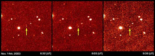 These three panels show the first detection of the faint distant object dubbed 