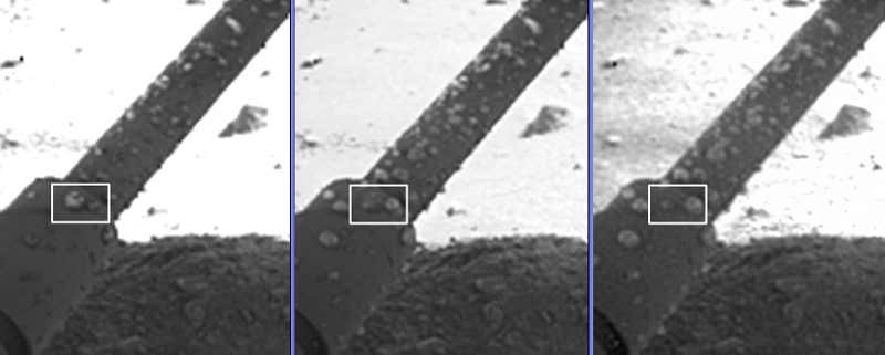 One of the clumps on Phoenix's leg (right in white box) appears to grow after apparently absorbing the liquid from its neighbour. The images were taken on the 8th, 31st and 44th Martian days (or sols) of the Phoenix mission 