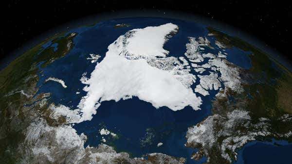 This image shows the minimum sea ice extent that occurred on 14 September, 2007 