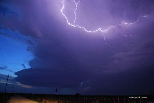 In this image taken by the tornado hunters the rotation area and some general storm structure can be seen, as well as a dramatic indication of its electrical power