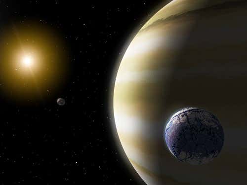 Artist's impression of an extrasolar planet with hypothetical (possible but unproven) water-bearing moons