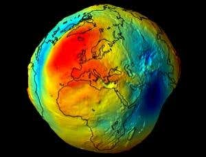 GOCE will help build a high-resolution picture of the geoid, an idealised model of the Earth's surface where gravitational potential is equal everywhere. The geoid, which is bumpy because matter is not distributed uniformly in the Earth, is an important reference for surveying, studies of the Earth's interior, and measurements of ocean changes (Illustration: ESA)