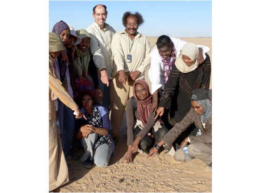 Peter Jenniskens of NASA's Ames Research Center and Muawia Shaddad of the University of Khartoum (standing, centre) and volunteers combed the Nubian Desert in the Sudan to find remnants of asteroid 2008 TC3. This meteorite was found 8 December 2008 during the first of three search campaigns