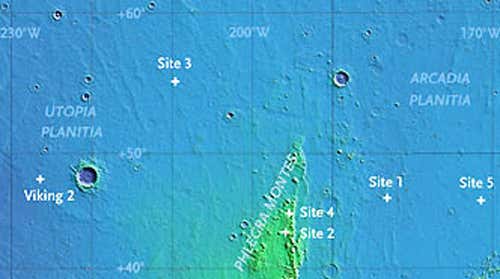 A map of mid-northern plains on Mars shows five sites where craters have excavated ice from a shallow subsurface layer. (Data: Shane Byrne; base map: MOLA team)