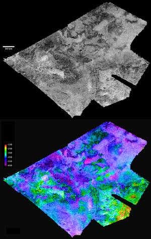 This pair of images covers part of Hotei Arcus, an infrared-bright and possibly time-variable feature that has been hypothesized to be cryovolcanic, based on the presence of flow-like features in the radar images. The data shows that these flows are 100 to 200 metres (300 to 600 feet) thick 