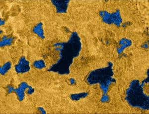 The lakes on Titan, seen here in a radar image taken by the Cassini spacecraft, may be just the visible part of vast underground reservoirs of liquid ethane and methane
