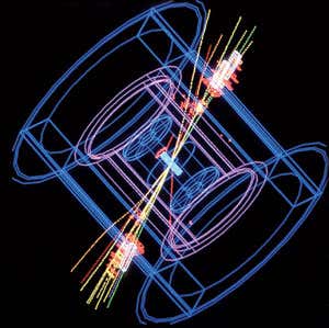An example of real data collected from the DELPHI detector on the Large Electron-Positron (LEP) collider at CERN. Here a Z0 particle is produced in the collision between an electron and positron, which then decays into a quark-antiquark pair. The quark pair is seen as a pair of hadron jets in the detector 