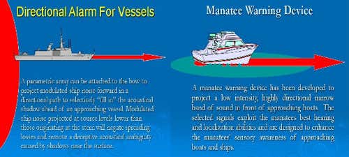 Two different alarms, one for whales and large ships, and the other for smaller boats, designed specifically for manatees 