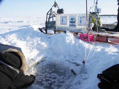 OOTI sled operating on the ice near Kuujjuarapik in March 2008, sampling over frost flowers  