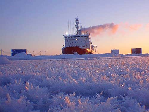 Frost flowers seen with research ship in background. The ship is part of the SHEBA expedition '97  studying the surface heat budget of the Arctic ocean 