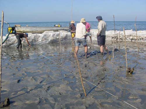 Field directors Jago Cooper and Roberto Valcàrcel Rojas, and colleagues, study the remains of Los Buchillones 