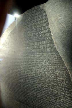 The Rosetta Stone at the British Museum. French orientalist Jean-Francois Champollion used the work already done on deciphering the bilingual Rosetta Stone as a building block, and managed to decipher Egyptian hieroglyphs
