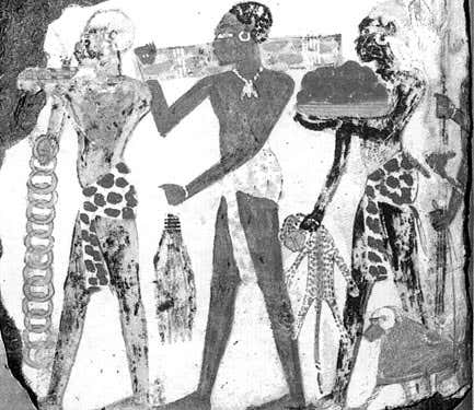 Meroitic script, from an Egyptian tomb painting from the Theban tomb chapel of Sobekhotep. It shows Nubians presenting exptic gifts to the Pharoh Tuthmosis IV (1419 - 1386 BC)