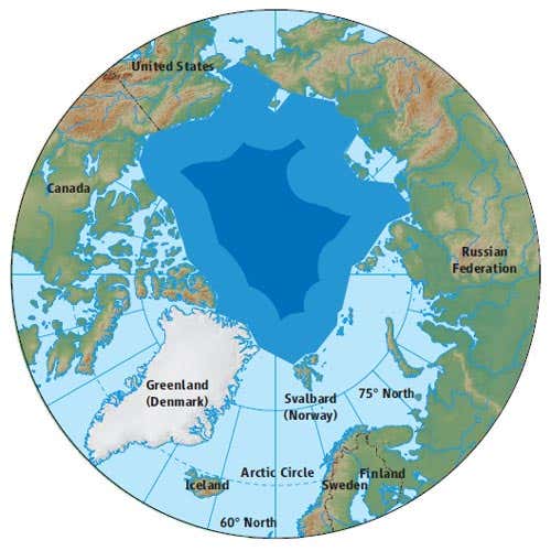 At the centre of the Arctic Ocean is a large zone of high seas (dark blue), which are undisputed international waters 