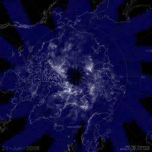 NASA's AIM spacecraft snapped this picture of noctilucent clouds from a perch above the north pole in June 2008. Because solar activity is low and the upper atmosphere is relatively cool, the clouds should be about twice as abundant this year as they are when the sun is at the peak of its activity