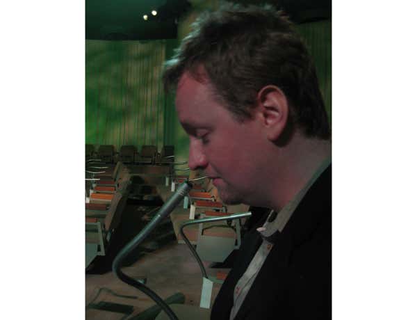 An audience member sniffs the scent microphone