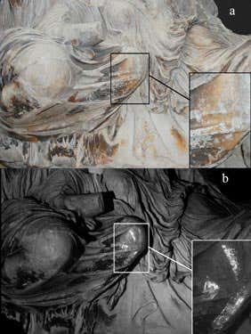 Dione and Aphrodite shown under normal lighting (top). In the test (bottom), Egyptian blue paint is clearly visible over Dione's left knee
