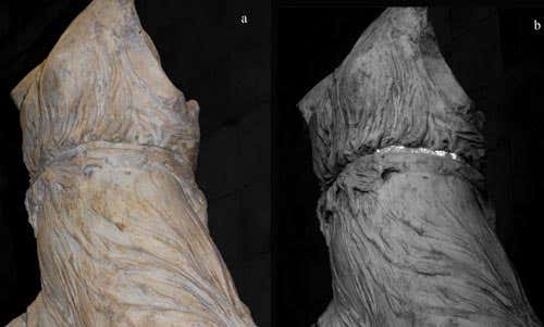 The goddess Iris under normal lighting (left): no painted colour is visible. In the infrared image (right), her belt glows with the traces of Egyptian blue paint
