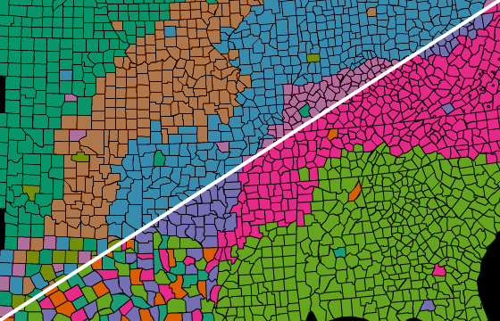 A map of the US rendered using both normal colours, lower half, and colours that require up to 40 per cent less energy when shown on an OLED display, upper half 