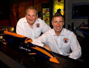 Team members Richard Noble and Andy Green with a model of Bloodhound SSC (Image: Bloodhound SSC