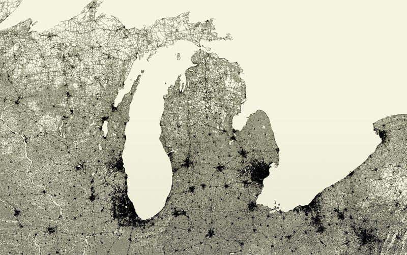 The roads spreading out from the dense conurbations of Milwaukee, Chicago, Detroit and Cleveland make up the familiar outline of the Great Lakes 