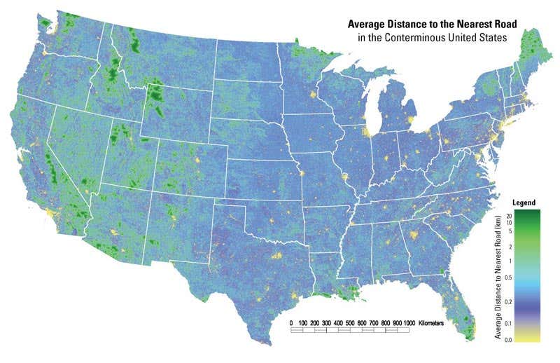 The US Geological Survey created a map that highlights distance from a road. Using census data from 2000, it took data points every 30 metres. In total, the visualisation is made up of 8.7 billion data values. The map is colour-coded to indicate how close a nearest road is. Green patches indicate areas where the nearest road is 10 to 20 kilometres away and yellow shows where a road can be found less than 100 metres away. A spectrum of blue hues highlights distances in between. Despite being based on slightly different data sets and representing it in different ways, the two visualisations are surprisingly similar 