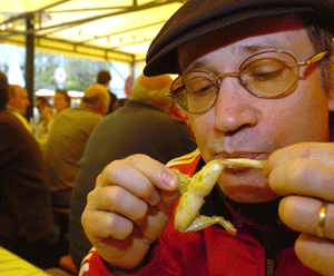Man eating frog at the annual frog fair, Vittel, France