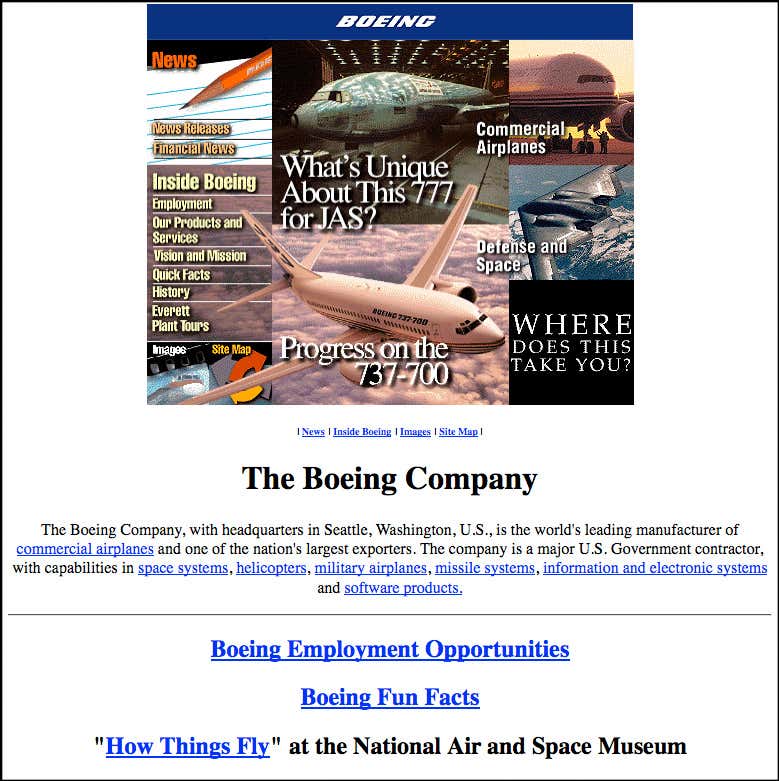 19 October 1996: Plane maker Boeing had what was, for the time, a very image-intensive home page