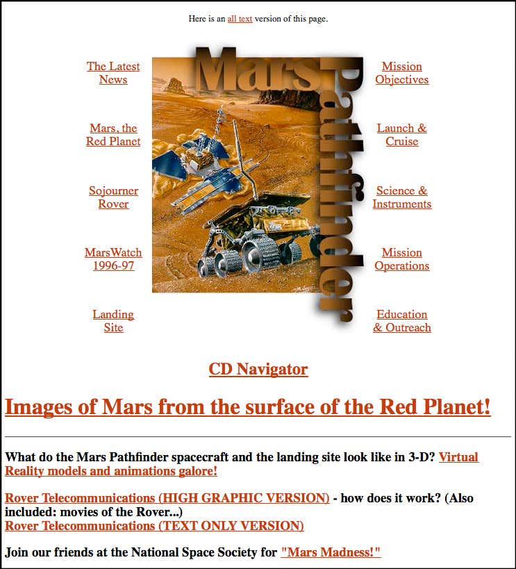 25 July 1997: The home page of NASA's successful Mars Pathfinder, a small rover that was first to test an airbag landing
