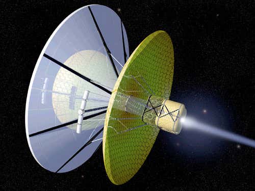 The Bussard ramjet would ionise interstellar hydrogen and then collect it using an electromagentic field for use as fuel. In this illustration, an onboard laser heats the ionised gas; the laser could be used to trigger fusion pulses for propulsion 
