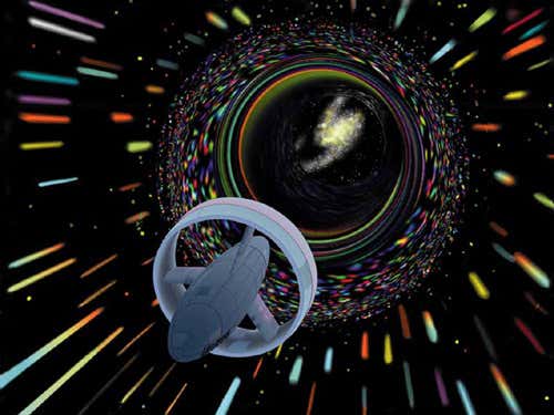 Wormholes are distortions in the fabric of space that can link two distant locations, sucking in objects at one end and spitting them out at the other (Illustration: NASA/Les Bossinas)