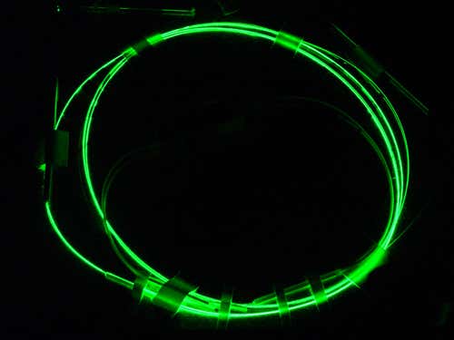 A loop of optical fibre spiced with the rare earth metal erbium was used to make the very short pulses of light. Normal light is sent into one end of the erbium-enriched loop and interacts with the metal atoms to emerge as laser light from the other end.
